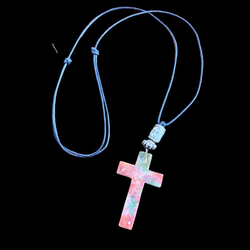 2" Natural Stone Christmas Jasper Cross on Adjustable Waxed Linen Cord